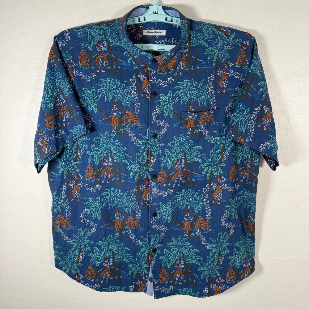 Tommy Bahama Button Up Shirt Mens XL Blue Hula Girl Palm Tree‎ Silk Hawaiian